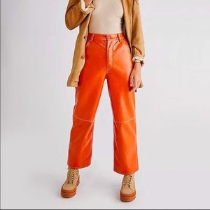 Free People Orange Patent Leather Wide Leg Pants Size 12